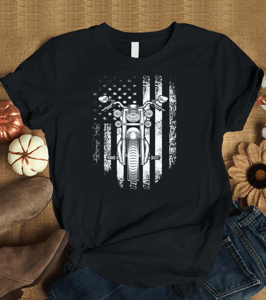 Vintage American Motorcycle with USA Flag Background T-Shirt