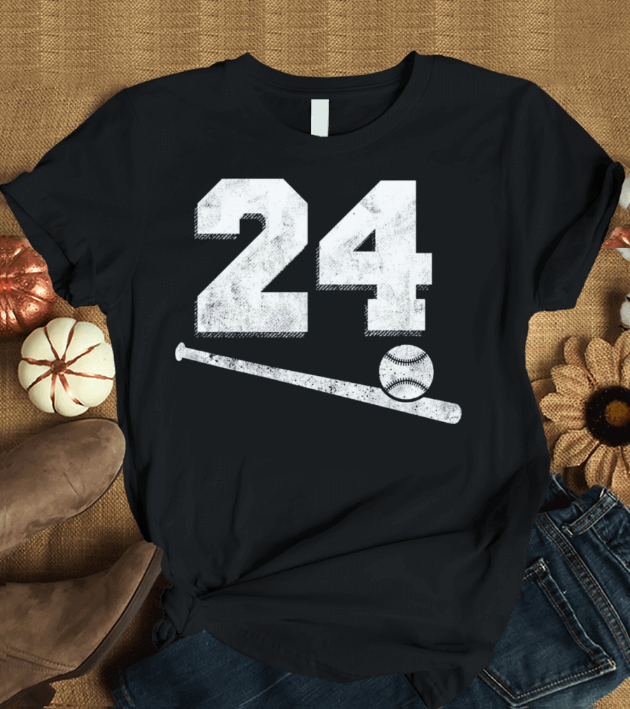Vintage Baseball Jersey Number 24 Retro Plaque Style With Bat And Ball T-Shirt