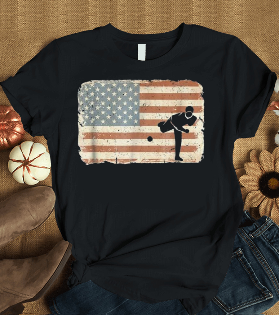 Vintage Baseball Pitcher American Flag With Worn Look T-Shirt