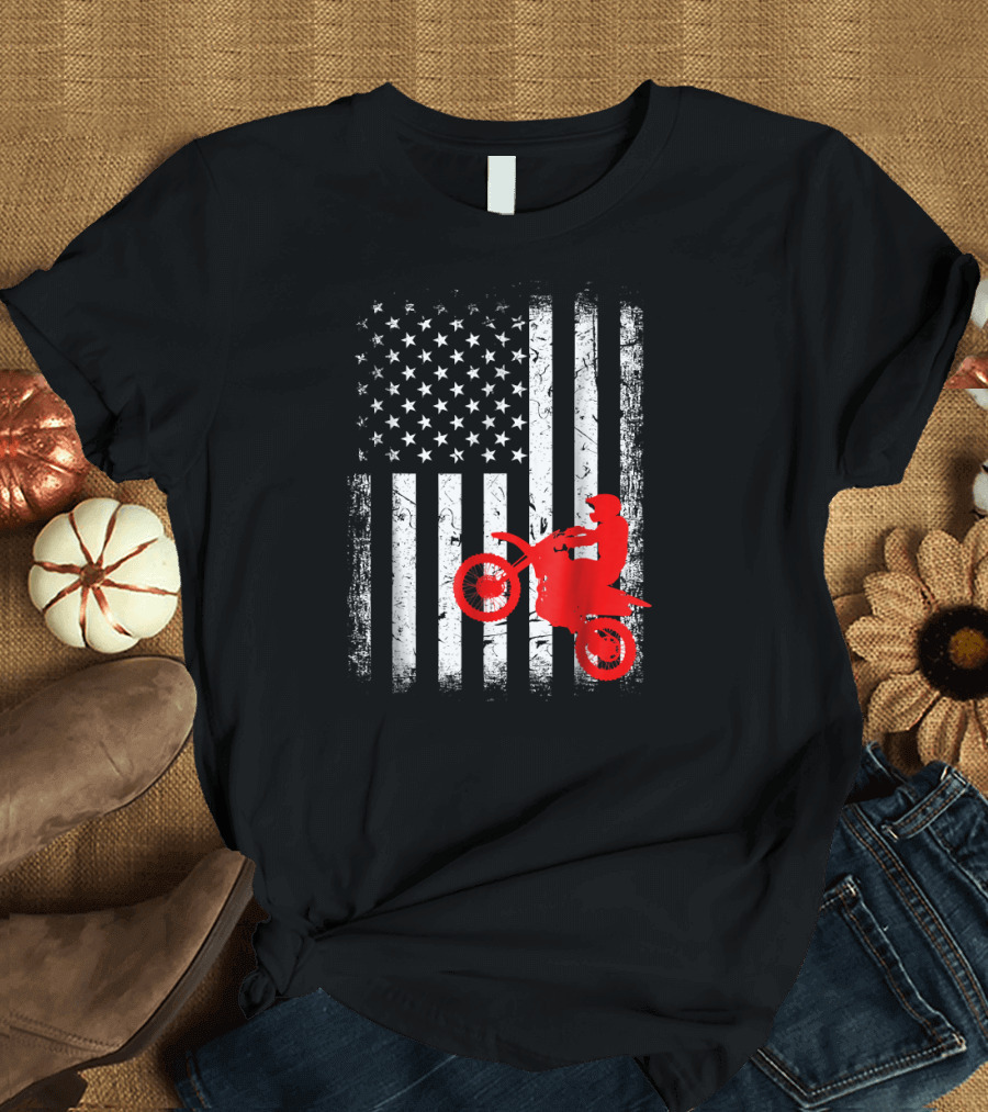 Vintage Dirt Bike Silhouette American Flag Motocross T-Shirt