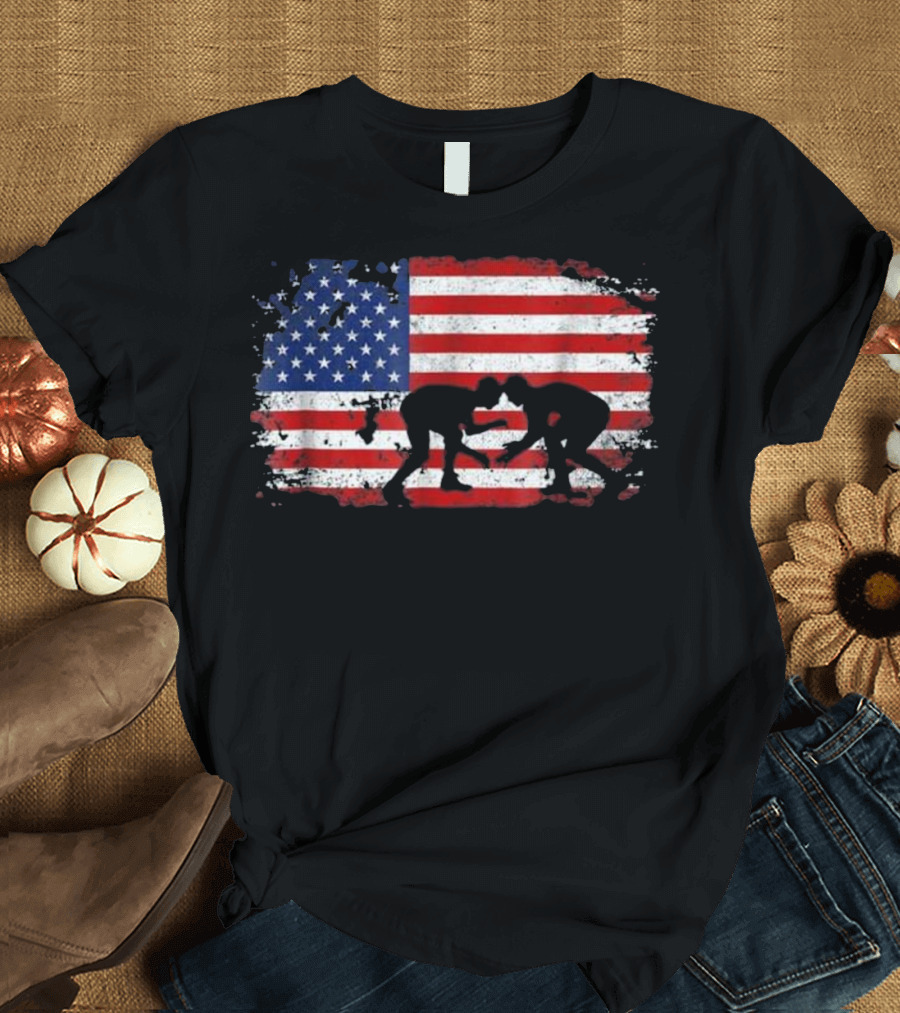 Wrestling Silhouette on Distressed American Flag Background T-Shirt