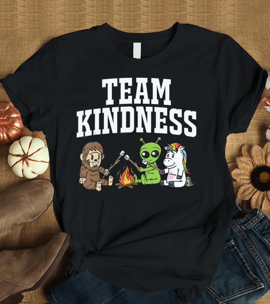 Team Kindness Bigfoot Alien Unicorn Campfire Marshmallows T-Shirt