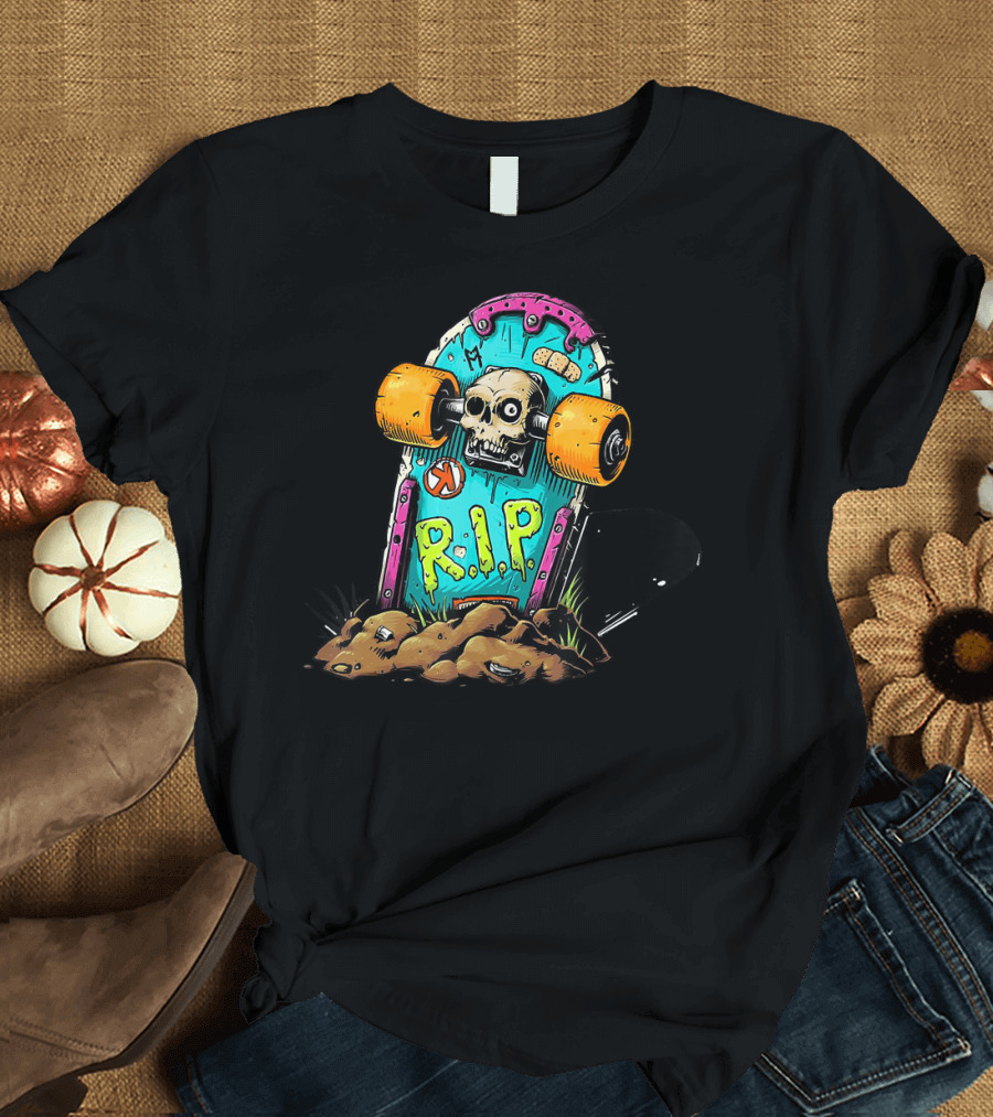 Horror Skull Skateboard R.I.P. Skeleton T-Shirt