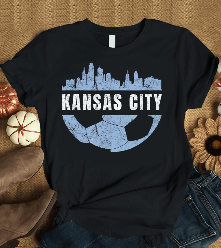 Kansas City Skyline Soccer Fan Club Vintage Soccer Ball Skyline T-Shirt