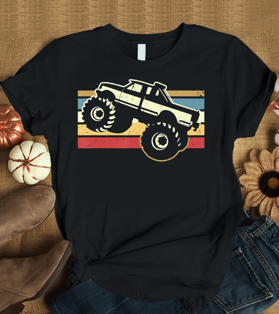 Vintage Retro Striped Monster Truck Kids Men Boy T-Shirt