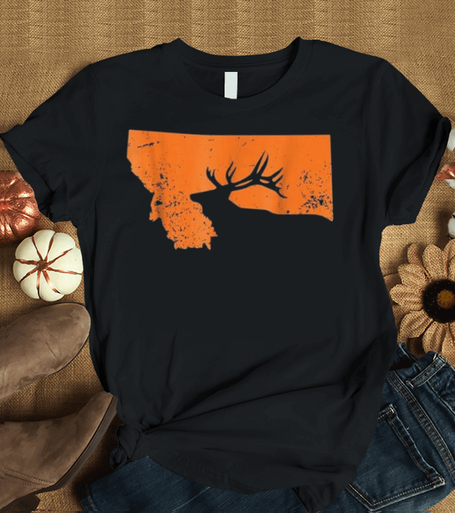 Vintage Montana Elk Hunting Silhouette Orange Map T-Shirt