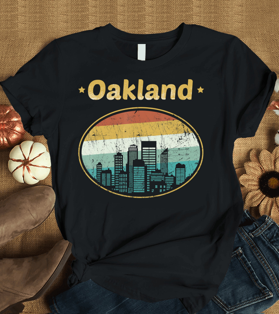 Retro Oakland California Skyline with Distressed Rainbow Oval T-Shirt