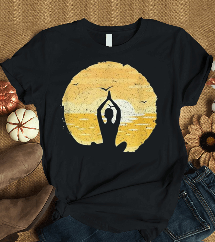 Yoga Meditation Silhouette at Sunset with Birds on Horizon T-Shirt