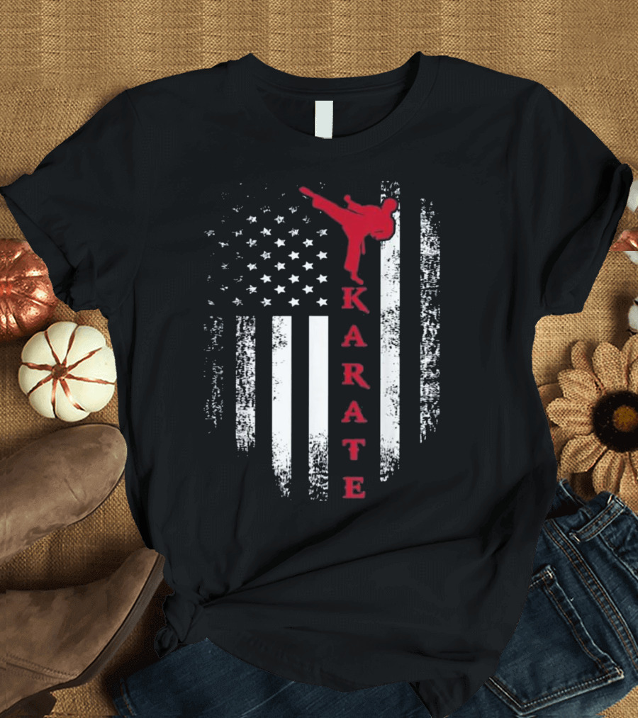 Vintage USA Flag Red White Karate Kick T-Shirt