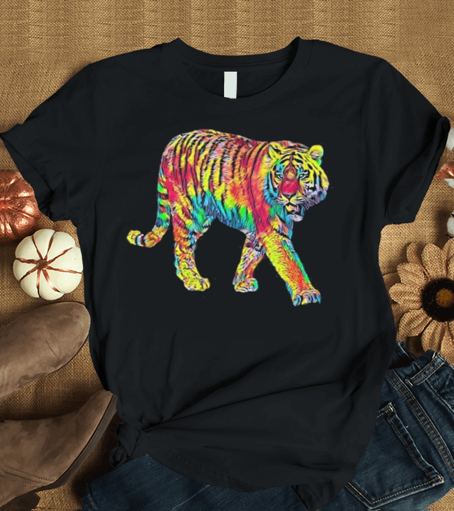 Walking Tiger Neon Rainbow Stripes T-Shirt