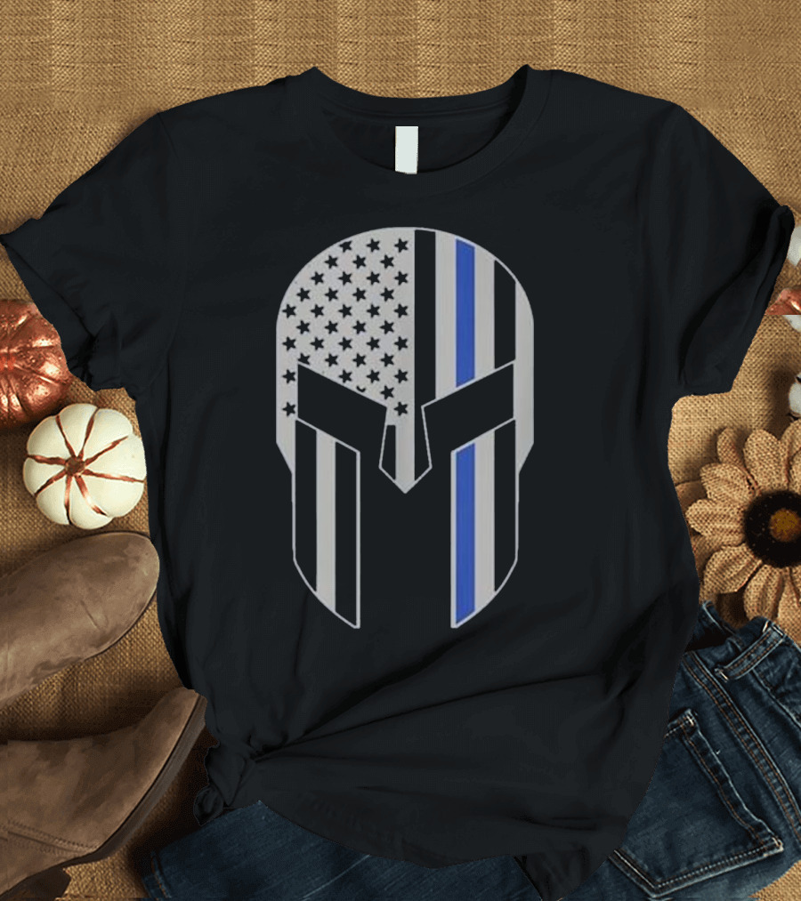 Warrior Helmet American Flag Thin Blue Line Police T-Shirt