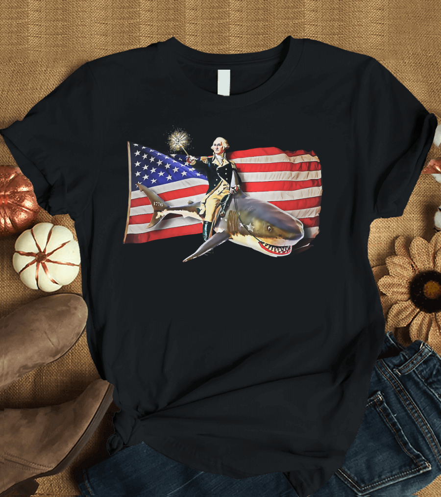 George Washington Riding Shark American Flag 1776 Sparkler T-Shirt