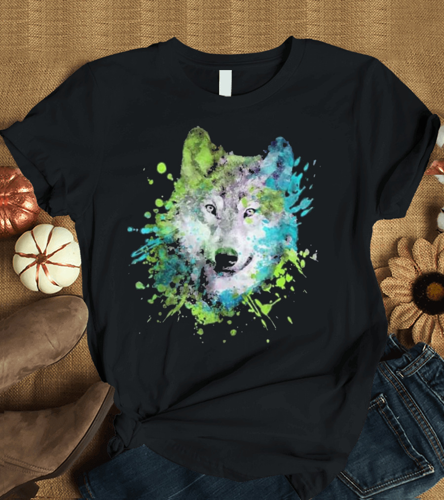 Watercolour Wolf Head Colourful Painting Wolf T-Shirt