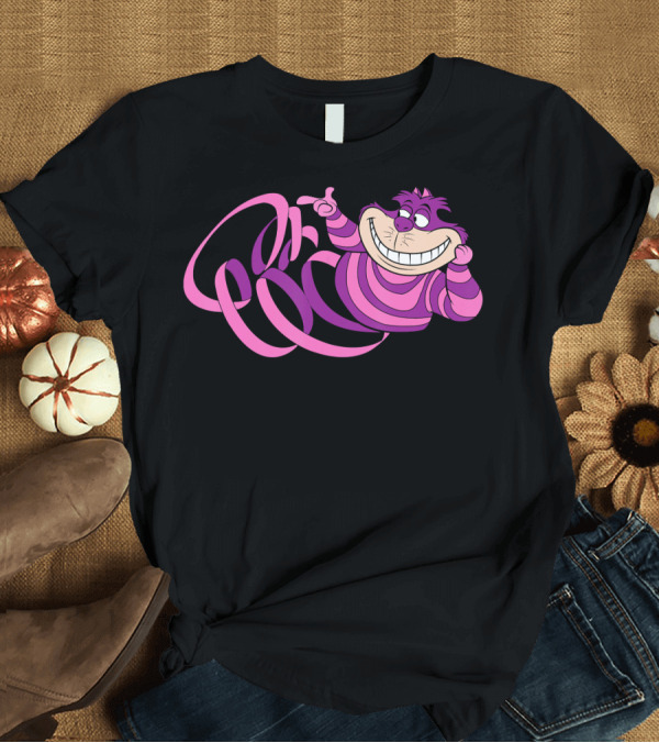 T-Shirt: Cheshire Cat Smiling in Pink and Purple Stripes Halloween Pin T-Shirt Cheshire Cat Smiling in Pink and Purple Stripes Halloween Pin T-Shirt