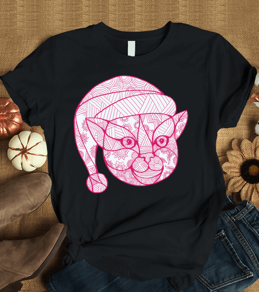 Cat Wearing Santa Hat Mandala T-Shirt