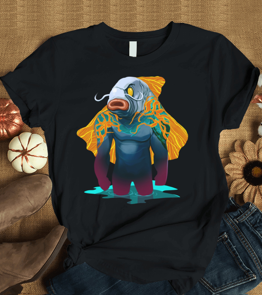 Catfish Man Emerging with Fiery Fins T-Shirt