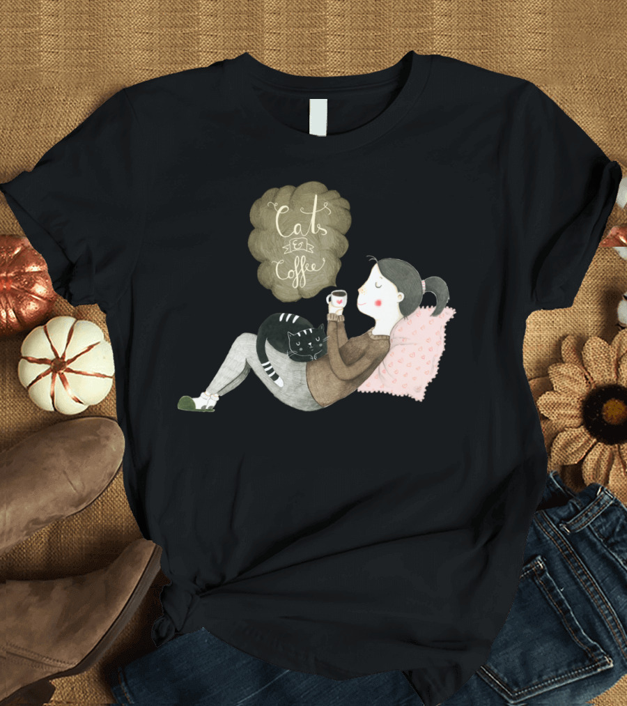 Cats Coffee Cozy Lady Relaxing with Cat T-Shirt