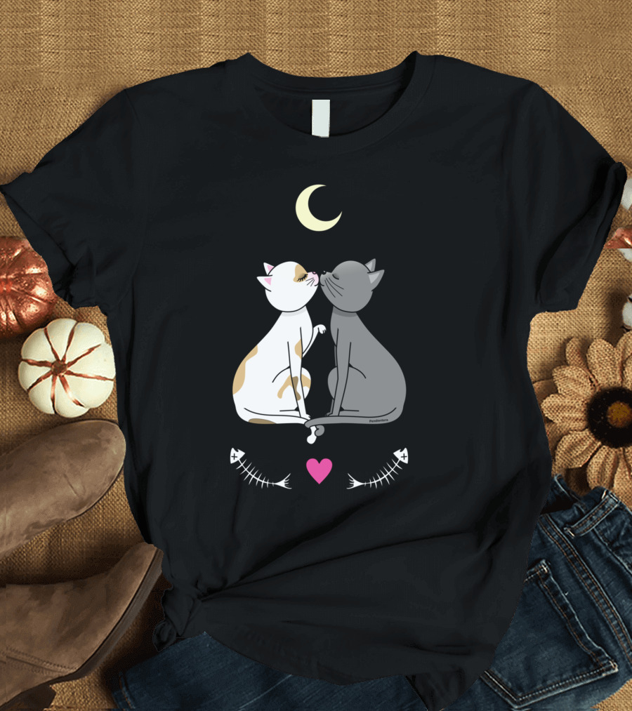 Cats In Love Kawaii Moon Heart Fishbone T-Shirt
