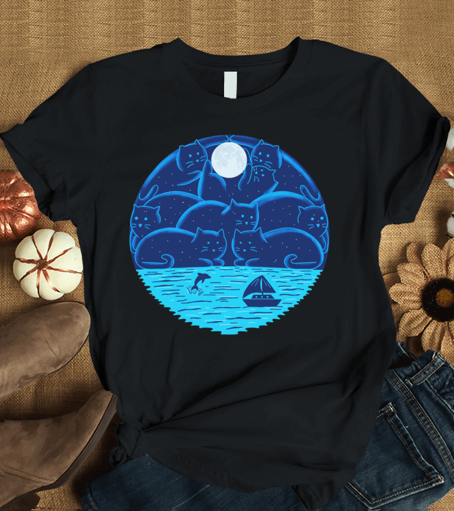 Cats Moonlit Ocean Scene with Sailboat and Dolphin T-Shirt
