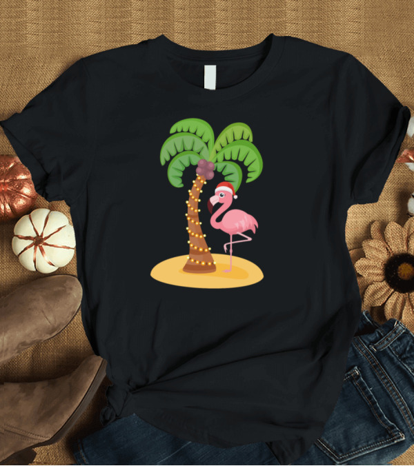 T-Shirt: Happy Holidays Pink Flamingo with Santa Hat on Christmas Island Palm Tree T-Shirt Happy Holidays Pink Flamingo with Santa Hat on Christmas Island Palm Tree T-Shirt