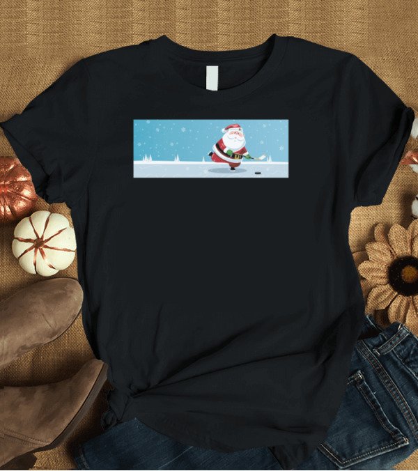 T-Shirt: Santa Playing Hockey with Puck on Ice in Snowy Winter Scene T-Shirt Santa Playing Hockey with Puck on Ice in Snowy Winter Scene T-Shirt