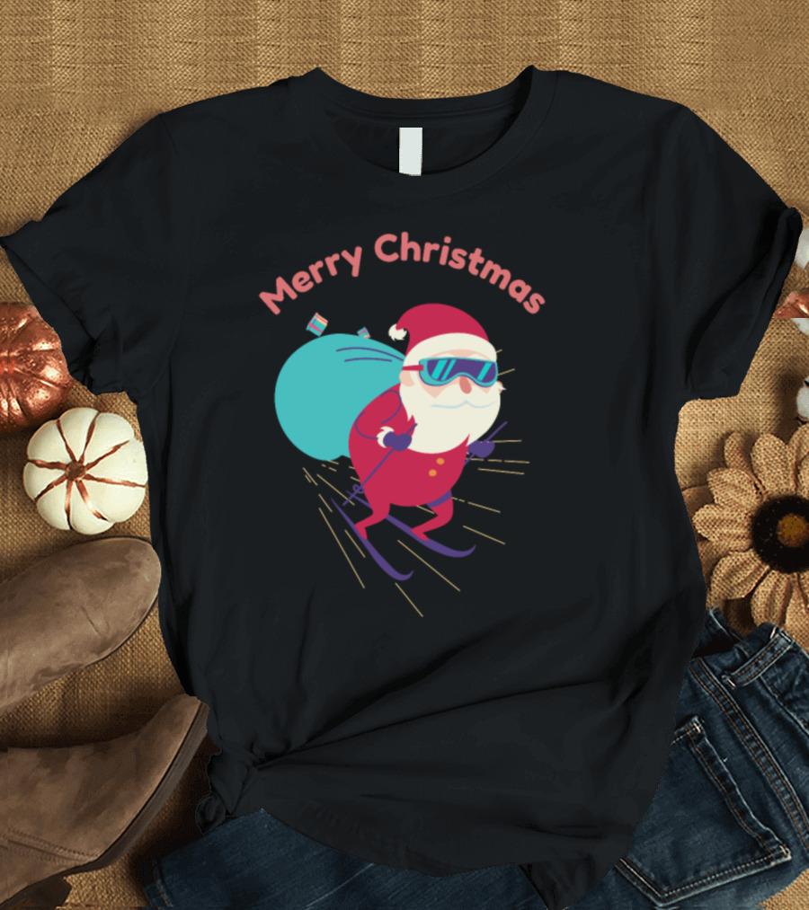 Merry Christmas Santa Cool Skiing with Sunglasses T-Shirt