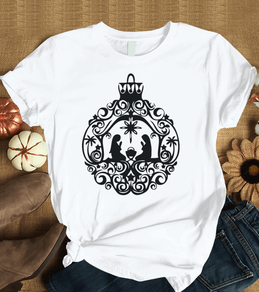 Nativity Scene Ornament with Silhouette of Holy Family and Star of Bethlehem T-Shirt