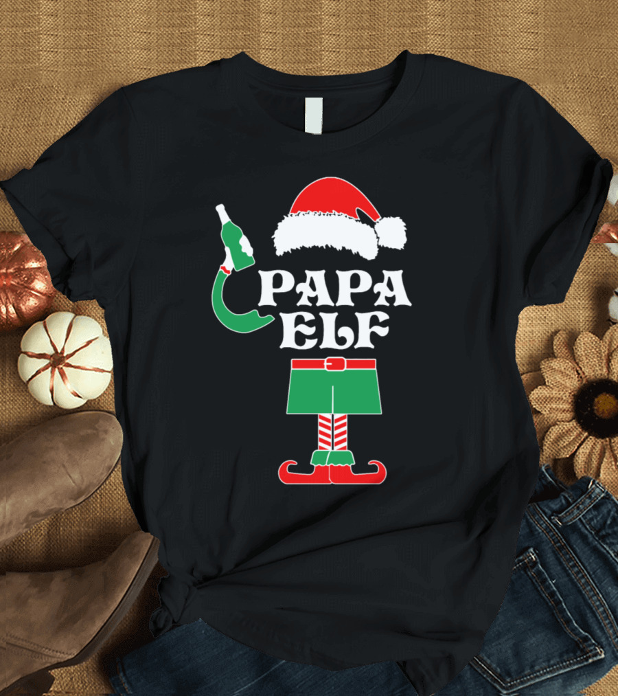 Papa Elf Santa Hat Christmas Outfit with Bottle T-Shirt