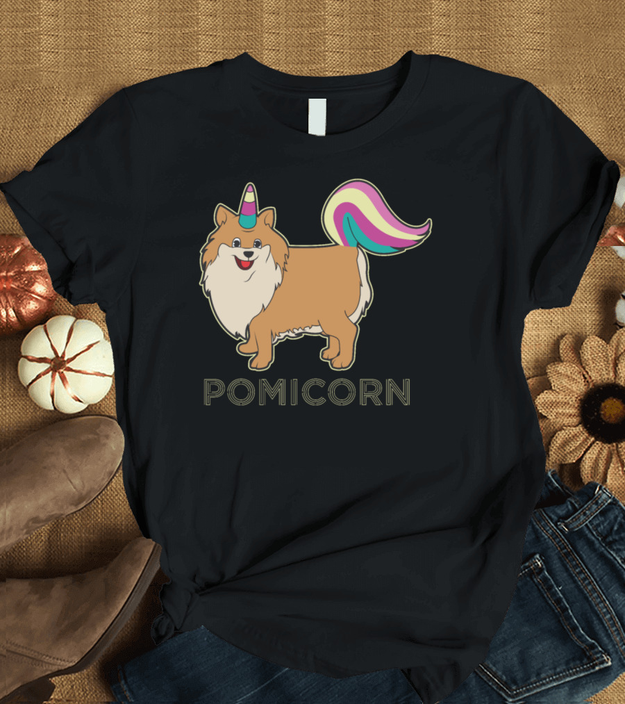 Pomicorn Unicorn Dog with Colorful Horn and Tail T-Shirt