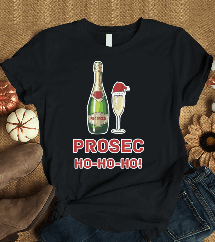 Prosecco Ho-Ho-Ho Holiday Cheers with Santa Hat T-Shirt