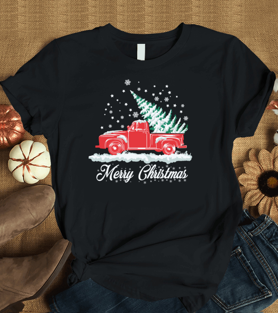 Merry Christmas Red Snow Truck with Tree Nostalgic T-Shirt