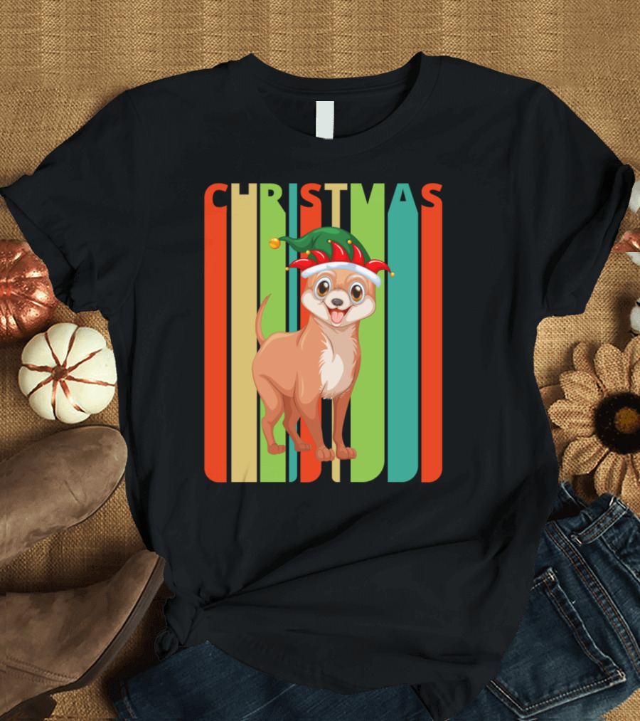 Christmas Chihuahua Festive Hat Retro Stripes T-Shirt