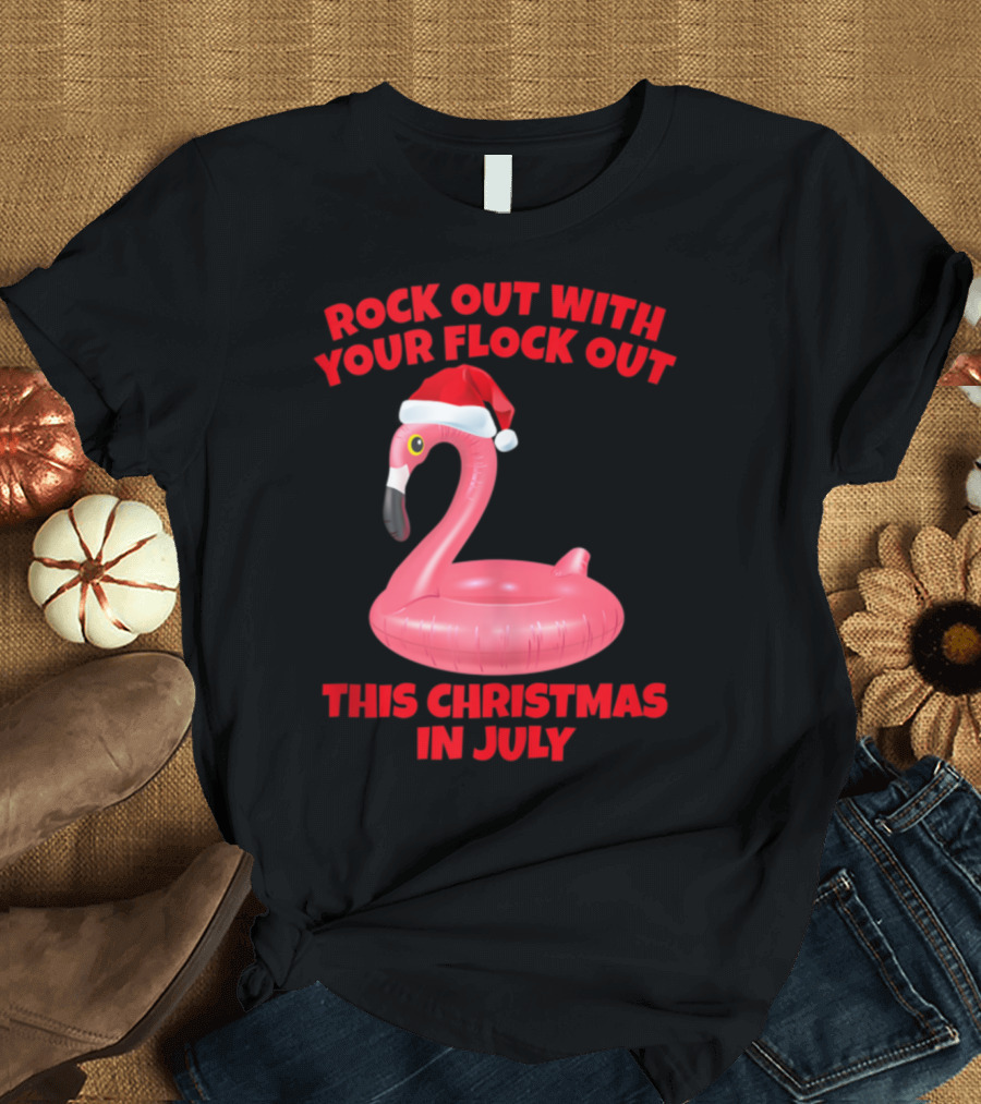 Rock Out With Your Flock Out This Christmas in July Flamingo Santa Hat T-Shirt