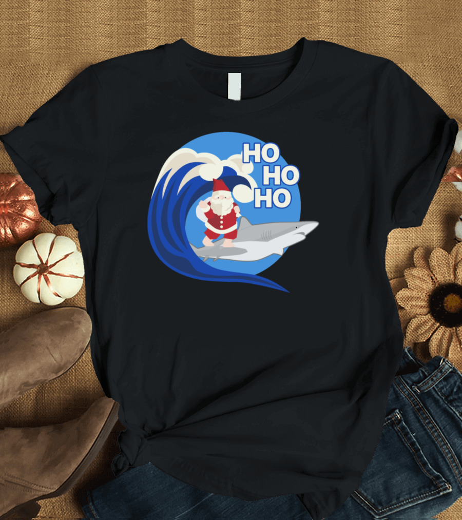 Santa Claus Surfing Shark Ho Ho Ho T-Shirt