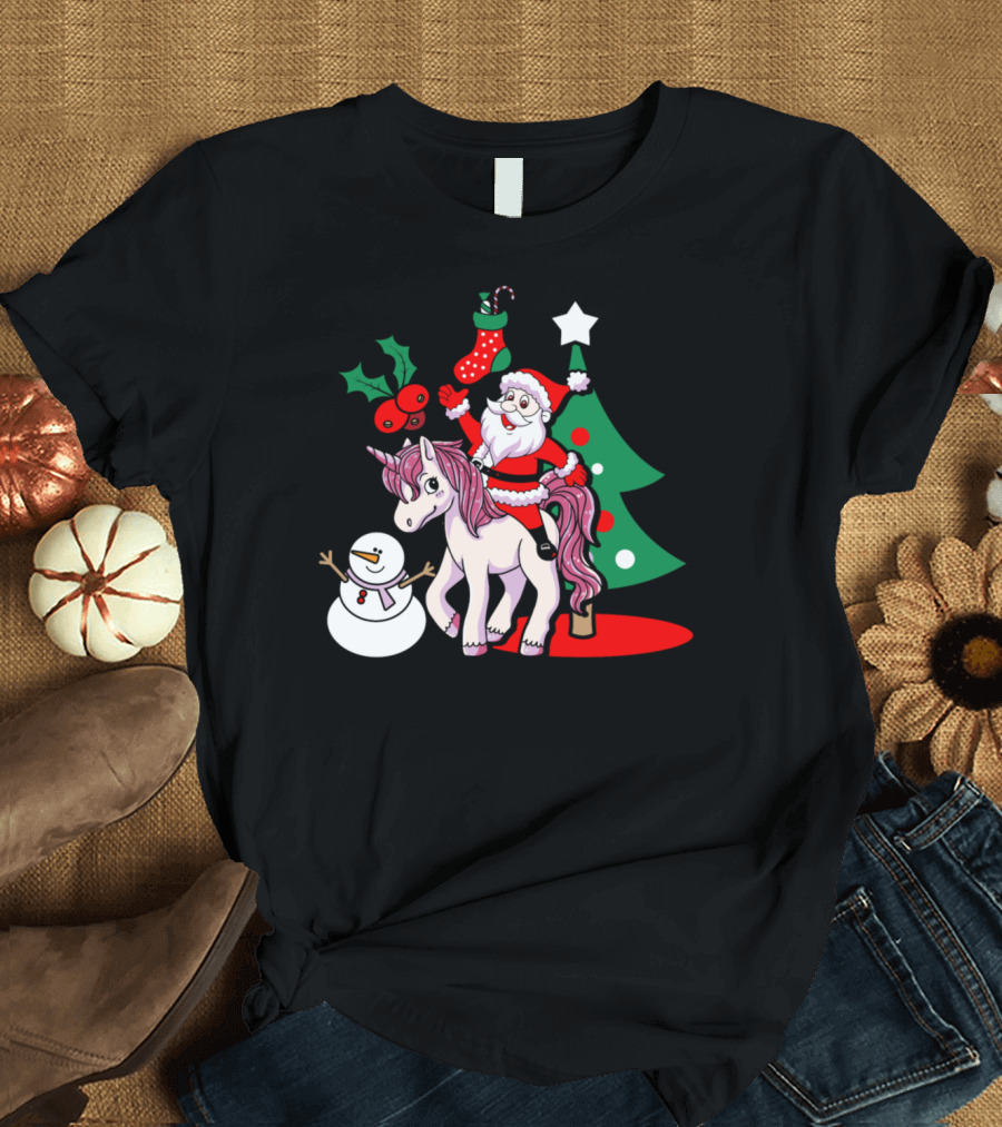 Santa Riding Unicorn with Snowman Christmas Tree and Stocking T-Shirt