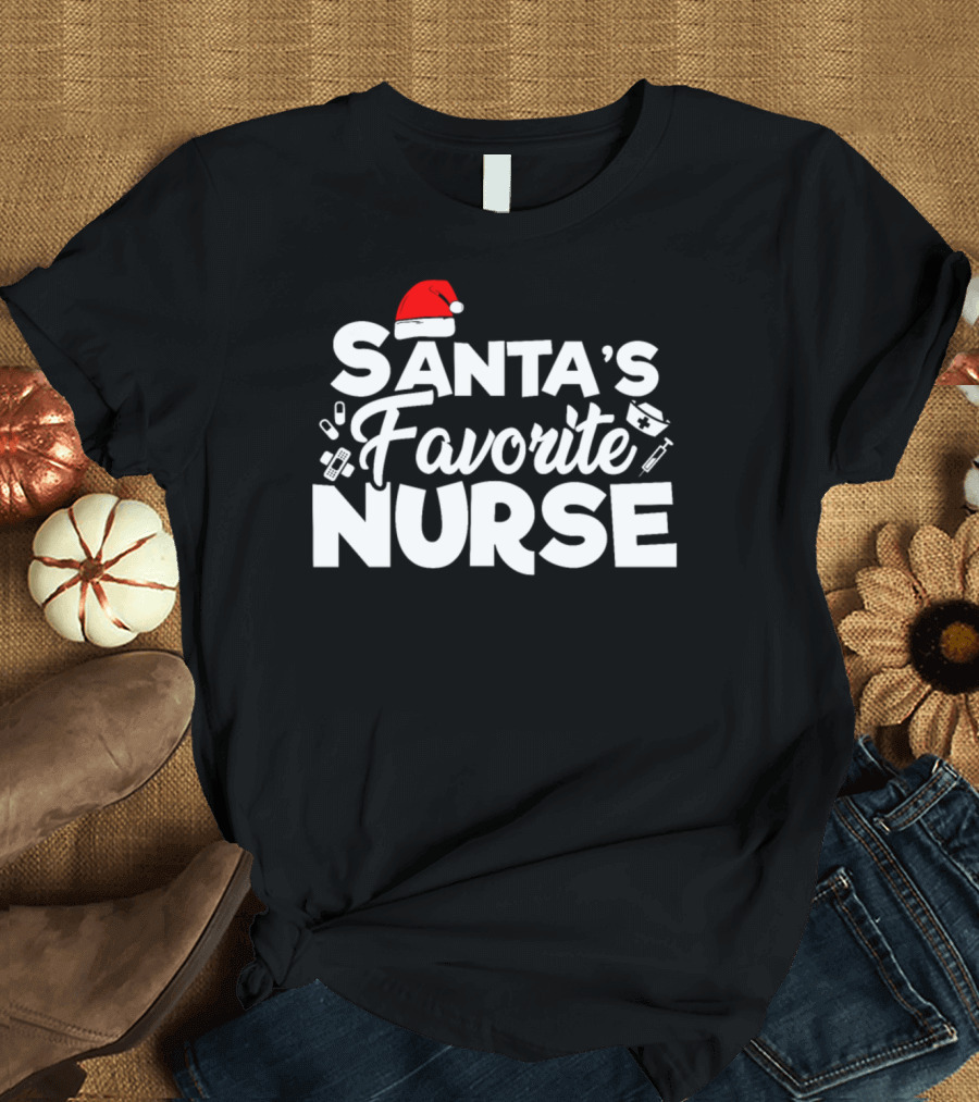 Santa's Favorite Nurse Christmas Hat Bandages Syringe T-Shirt