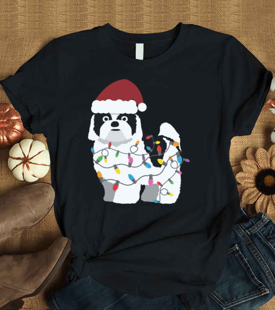 Shih Tzu Christmas Lights Santa Hat T-Shirt