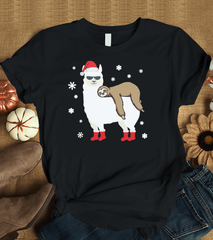 Christmas Sloth Napping on Sunglasses Llama with Santa Hat and Red Boots T-Shirt