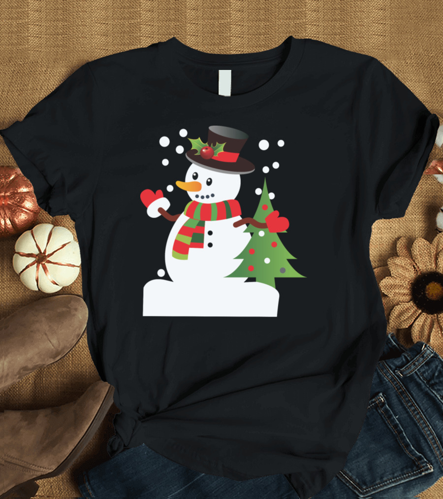 Snowman with Hat Scarf and Mittens by Christmas Tree T-Shirt