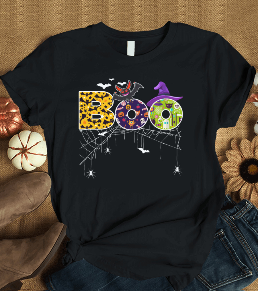 Boo Halloween Costume Gift Bats Pumpkins Ghosts Witch Hat Spiders T-Shirt