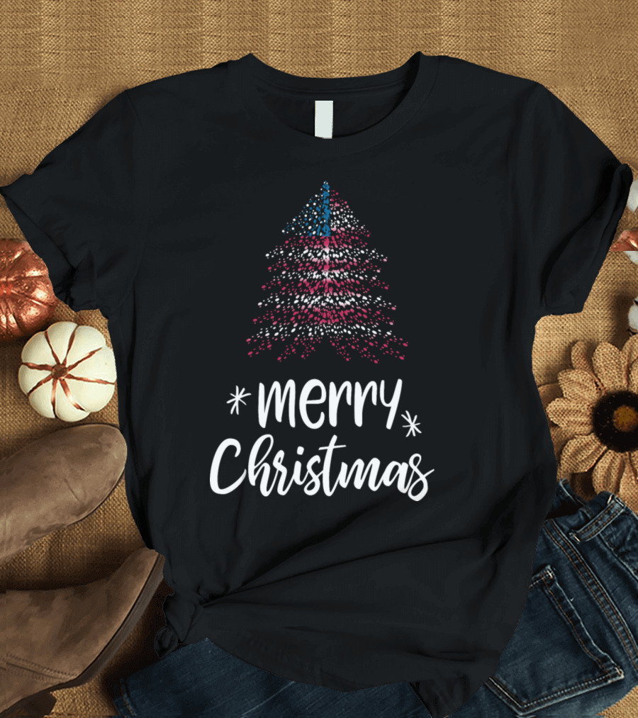Merry Christmas Tree with American Flag Colors T-Shirt