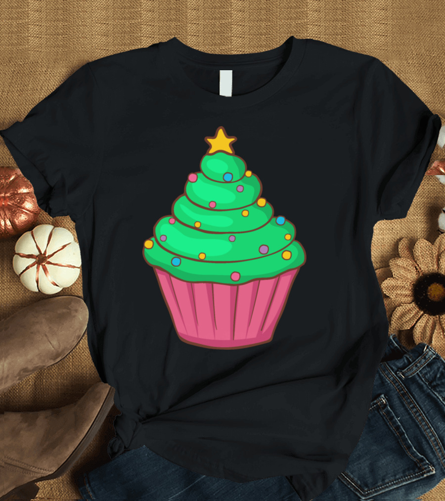 Christmas Xmas Cupcakes Muffins Green Frosting Star Topping T-Shirt