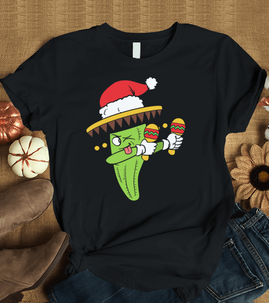 Christmas Xmas Dabbing Dab Cactus Santa Sombrero Maracas T-Shirt