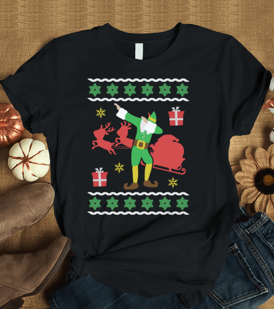 Dabbing Christmas Elf with Reindeer and Sleigh T-Shirt