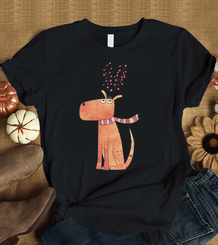 Whimsical Dog with Christmas Antlers and Festive Scarf T-Shirt