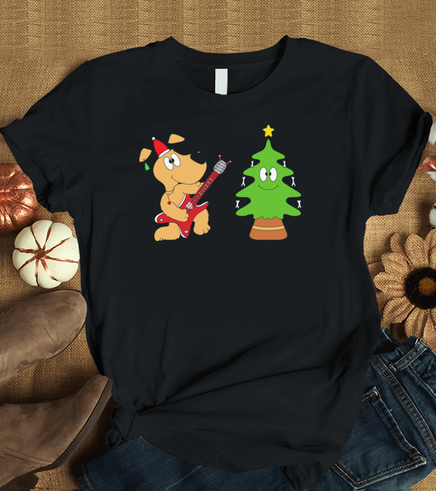 Santa Hat Dog Playing Guitar with Christmas Tree T-Shirt