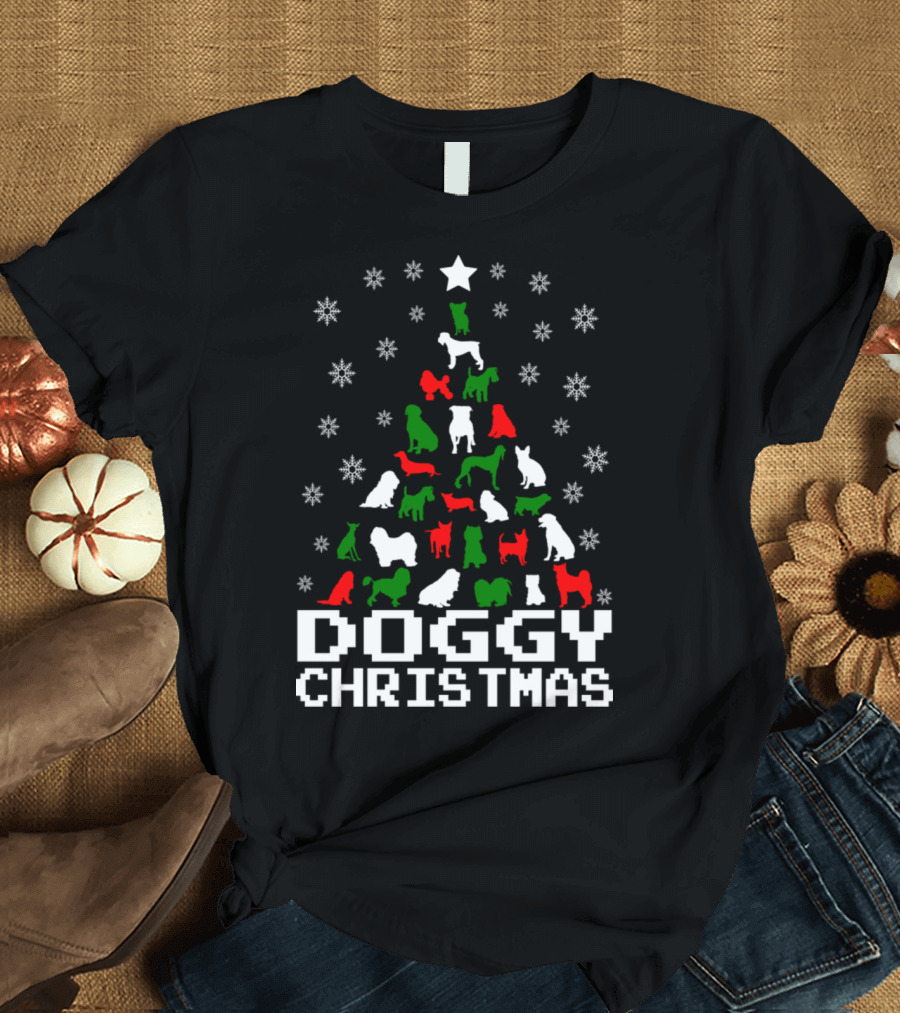 Doggy Christmas Snowflake Tree with Red Green White Dogs T-Shirt
