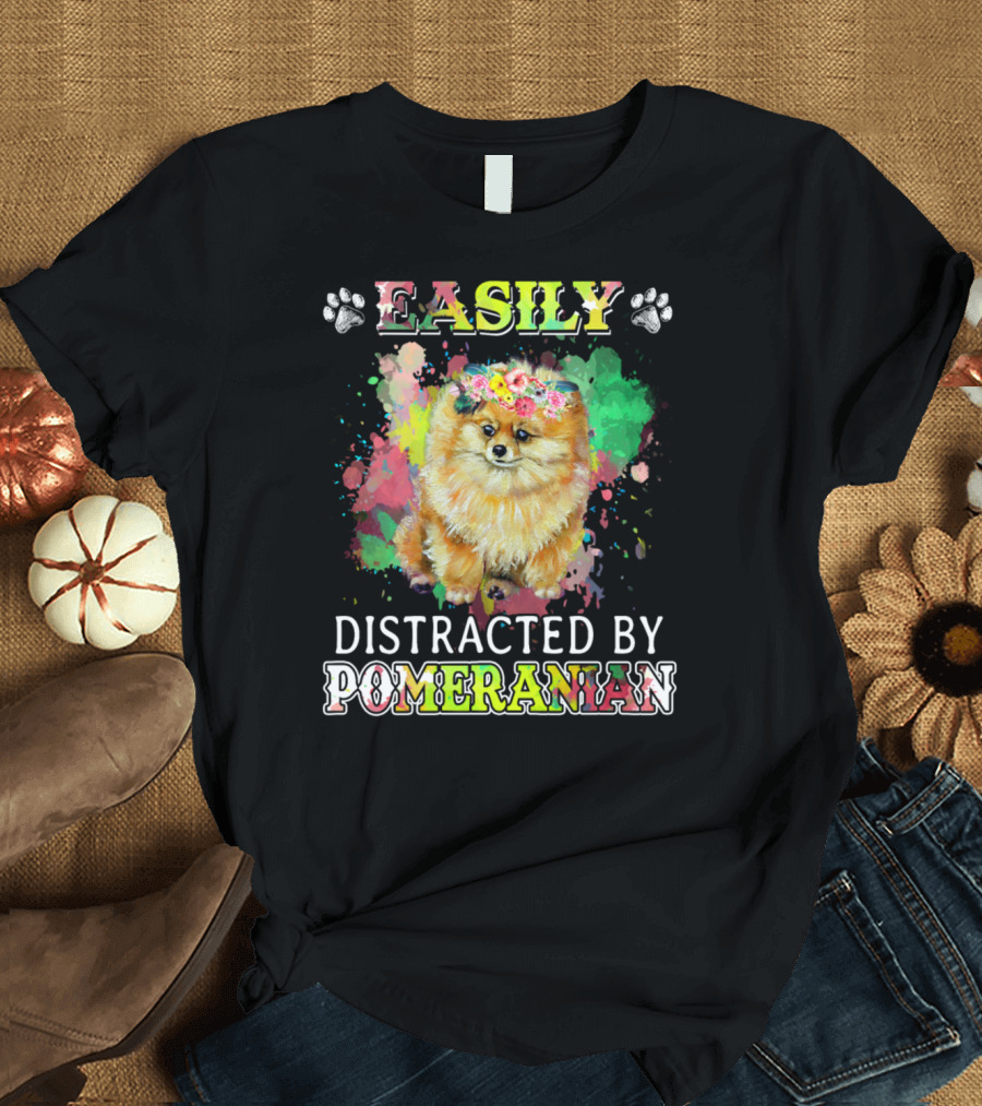 Easily Distracted By Pomeranian with Floral Crown and Paw Prints T-Shirt