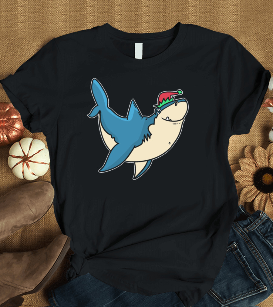 Elves Dwarfs Christmas Fable Gnome Shark Santa Hat T-Shirt