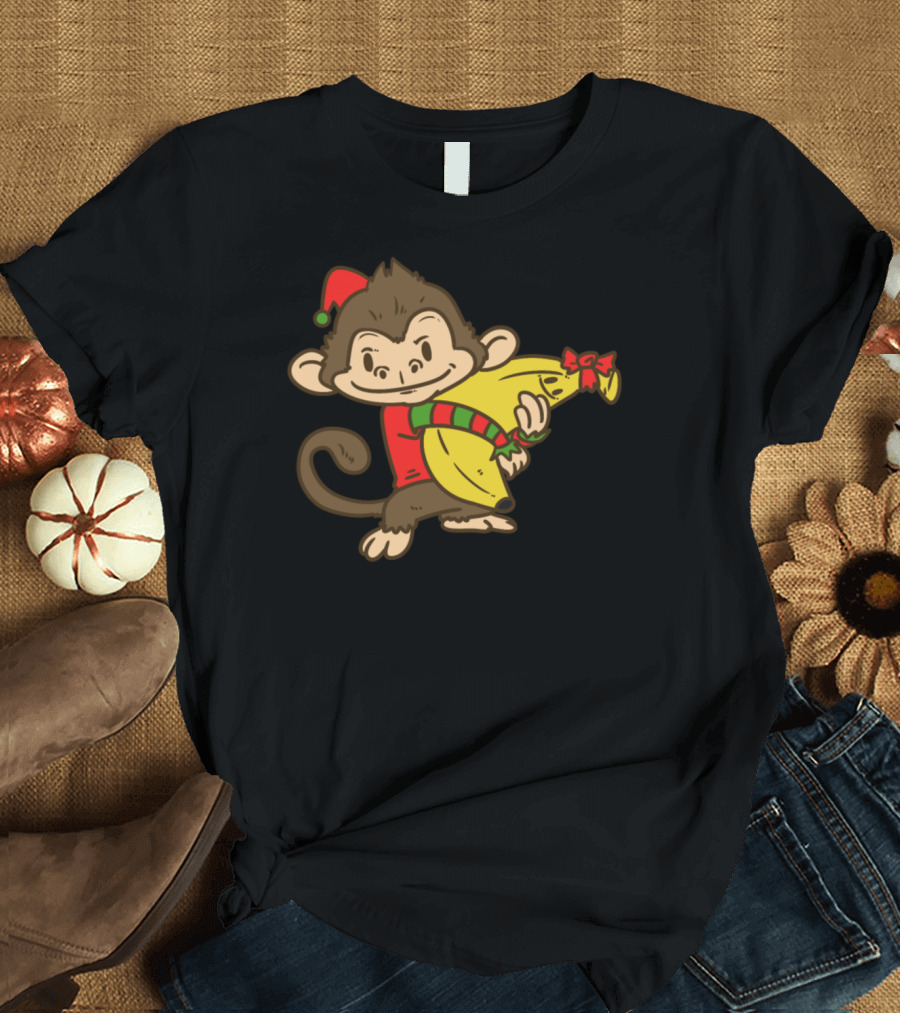 Christmas Elf Monkey Holding Festive Bananas T-Shirt